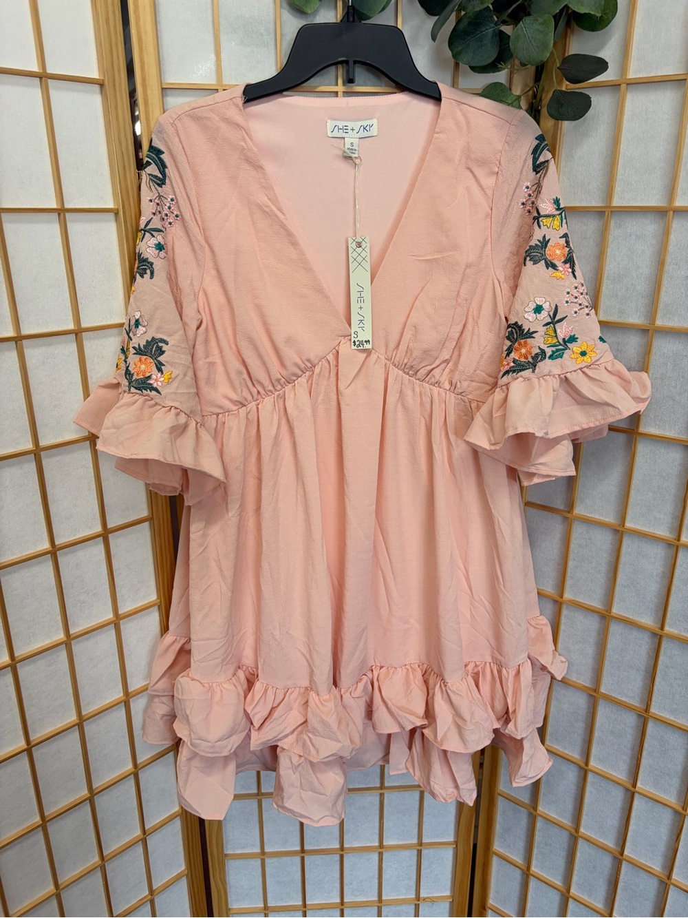 She + Sky Dusty Blush Embroidered Ruffle Tunic
